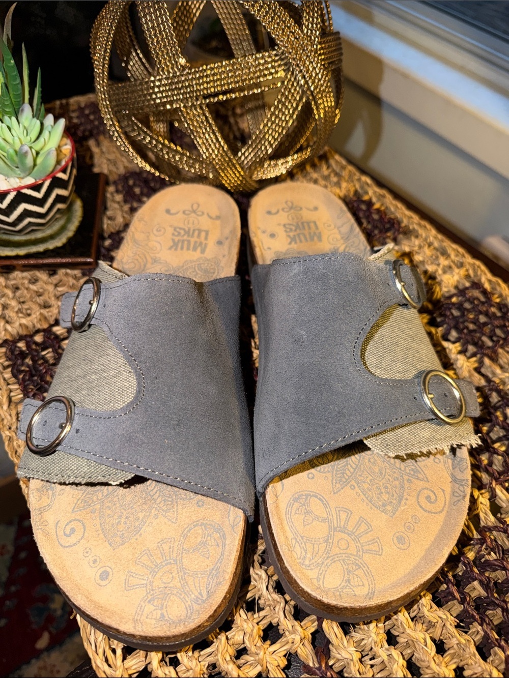 Muk Luks Gray Suede Slide Mules with Double Buckles